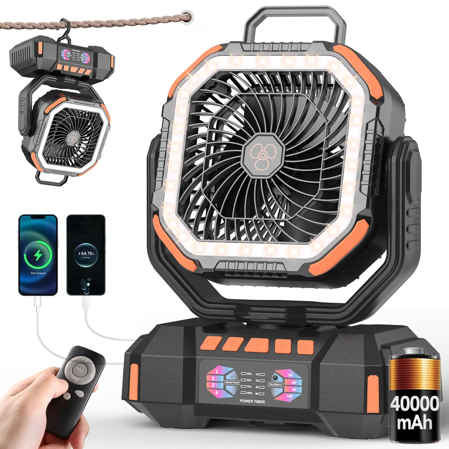 Camping Fan - 40000mAh Battery Powered Fan Battery Operated Rechargeable Portable Outdoor Tent Fans with Hanging Hook, Cordless, 4 Speeds, Remote Control,dorm essentials,home essentials,back to school,back to school haul
