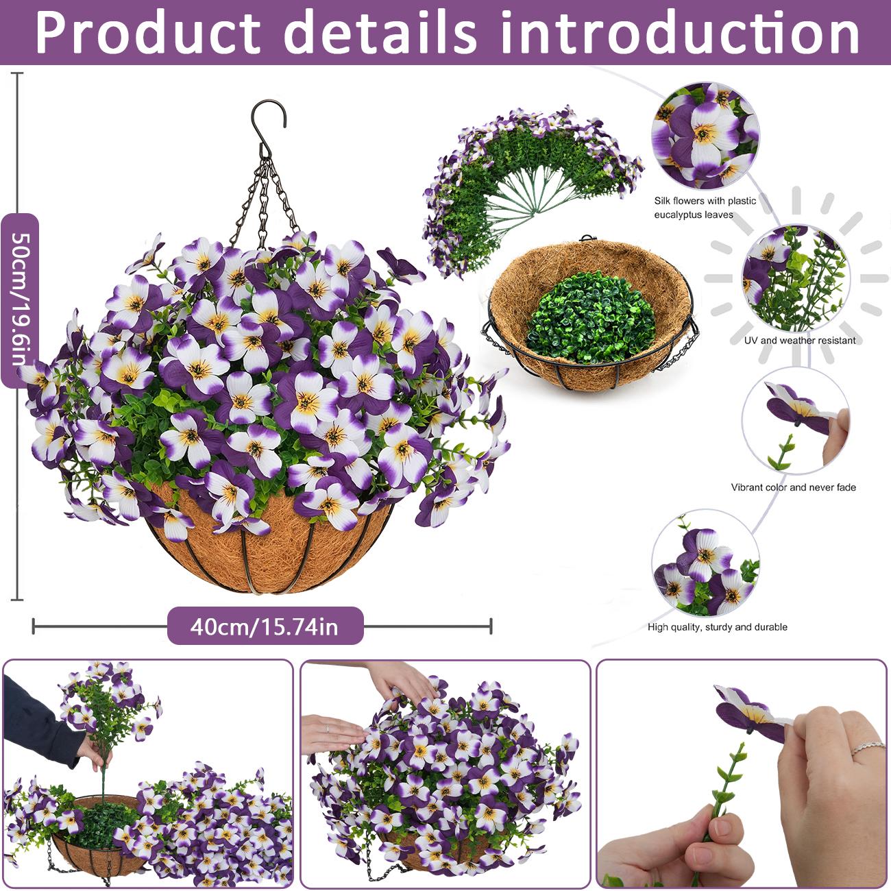 2 Pcs Artificial pansy hanging plant basket, perfect for summer outdoor decoration, made of realistic silk material, UV-resistant, featuring vibrant daisies and eucalyptus leaves, suitable for porches, homes, patios, balconies, and gardens.