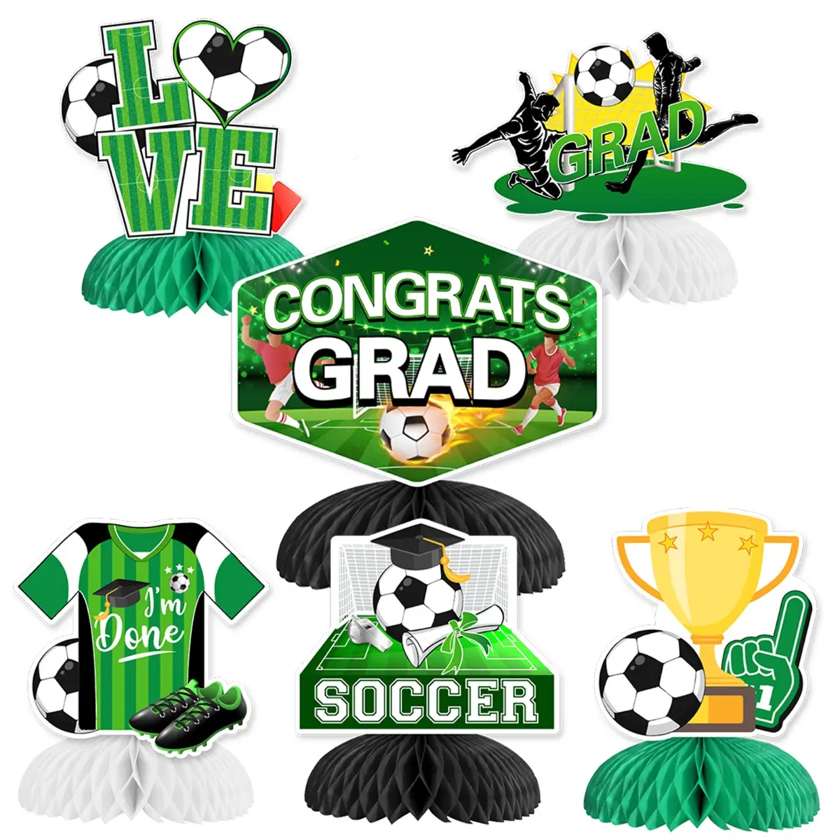 6Pcs Soccer-Themed Graduation Honeycomb Centerpieces, Congrats Grad Party Table Decor Set, Festive Home Supplies Gifts
