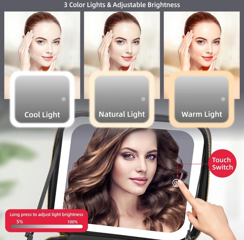 Glow-in-Bag Travel Makeup Case - Integrated Mirror with 3 Color Temperatures, Compact Cosmetic Organizer for Beauty Accessories & Makeup Tools