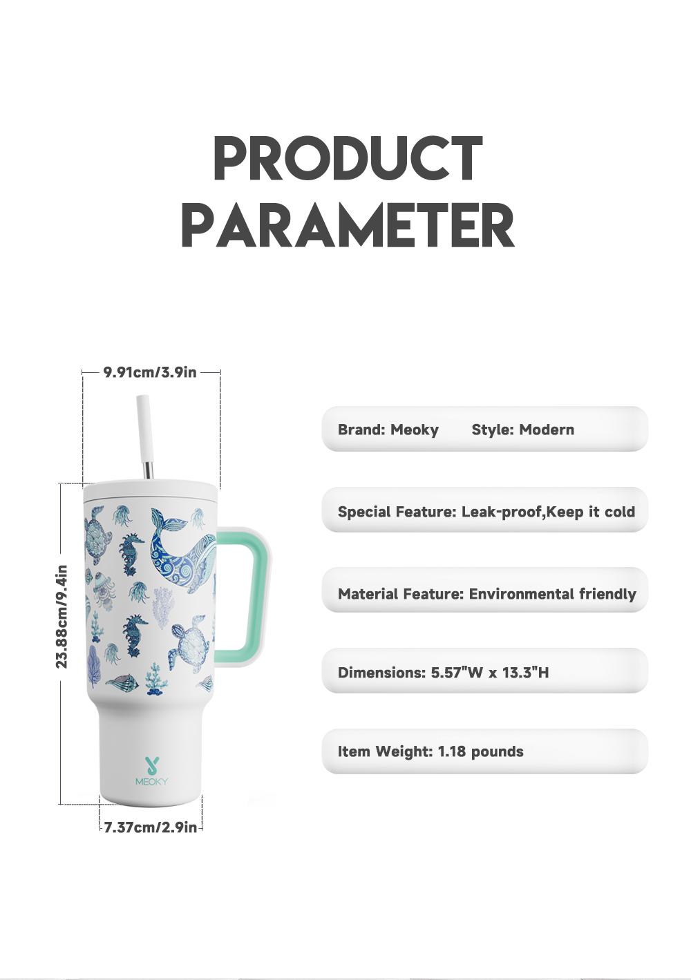 【Latest Style】 - Meoky 40oz Stay Hot Or Cold All DayStainless Steel Thermos Cup, Perfect For Car, Office & Travel, Large Capacity, Trendy Design, Glow-In-The-Dark White Marine Life, Insulated Mug Tumbler With Handle