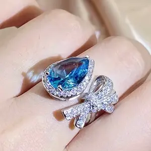 Adjustable Blue Zircon and Cubic Zirconia Bowknot Ring