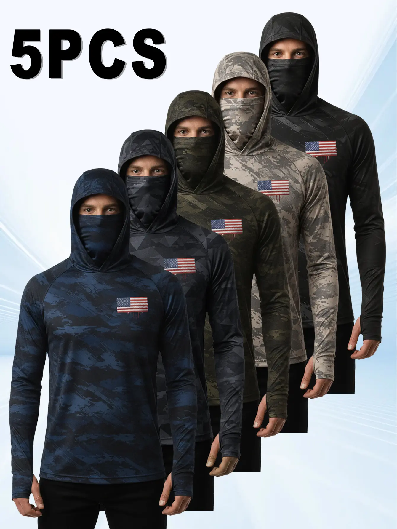 Men’s 5-Pack UPF 50+ Camouflage Hooded Sun Protection Shirts, Long Sleeve Full Face Neck Mask Quick-Dry Fishing/Hunting Tactical T-Shirts with Thumb Holes and American Flag Print tiktokshopbacktoschool