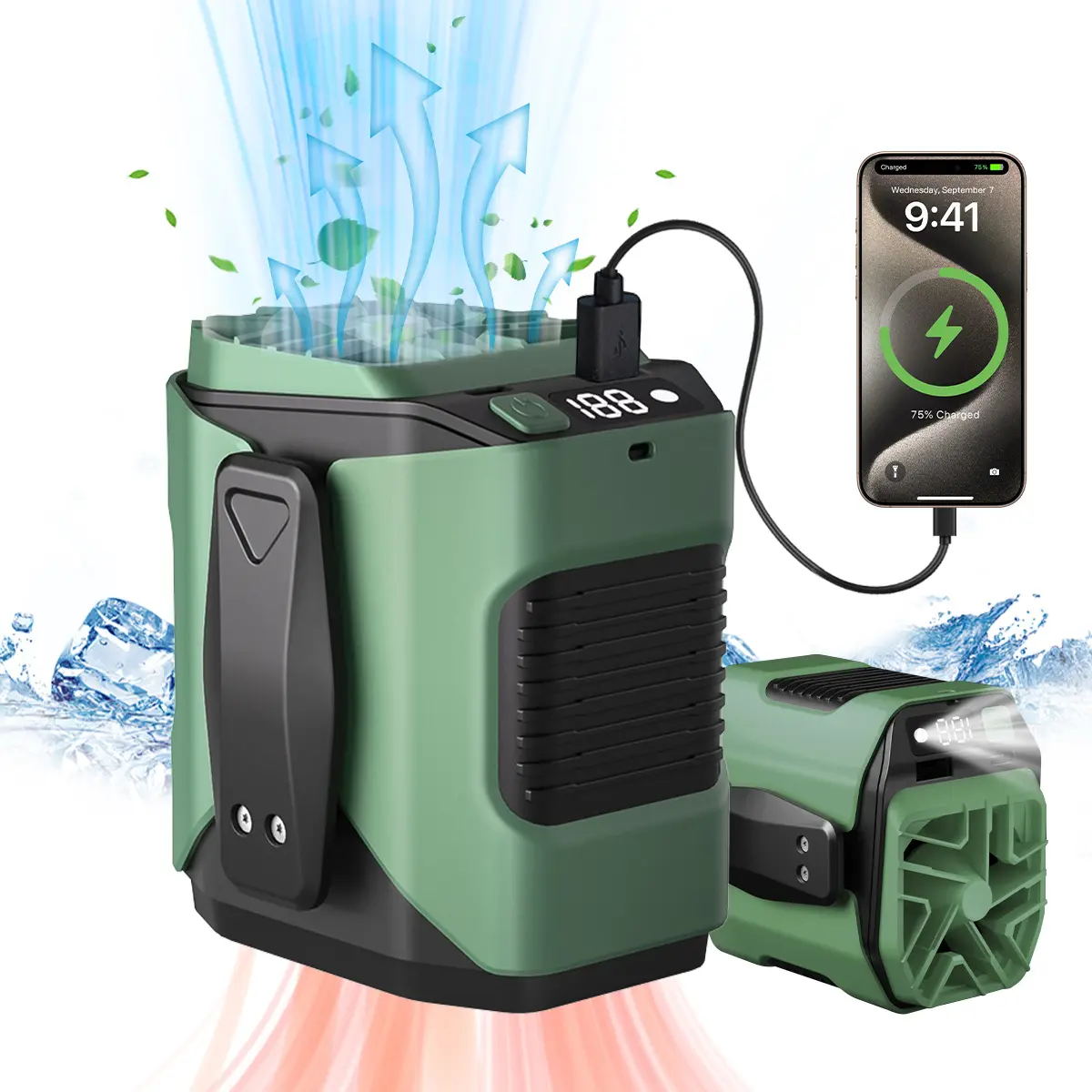 PADOX Multifunctional Waist Cooling Fan - Portable Hands-Free Waist Clip, Rechargeable 5000mAh Power Bank, 10-Speed 5300RPM Powerful Turbo Fan, LED Light, Up to 8H Working Time, for Camping, Outdoor Use, Portable Fan, Stay Cool