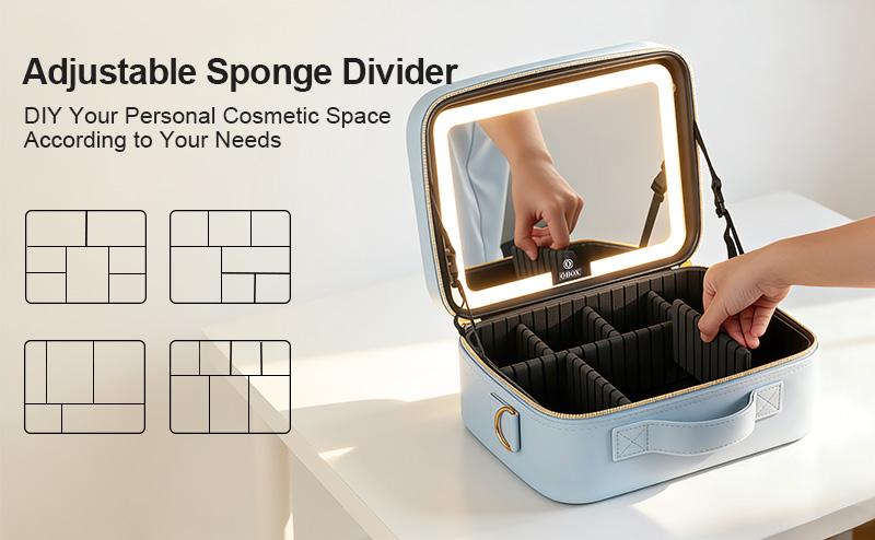 Makeup Bag with LED Mirror, Light Travel Makeup Train Case for Women, Cosmetic Bag Organizer, Portable Artist Storage Bag with Adjustable Dividers Makeup Brushes Storage Organizer and 3 Color Lights