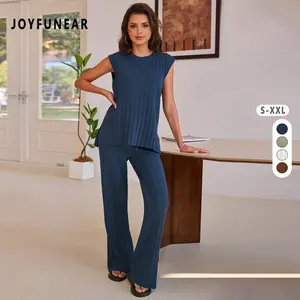Joyfunear Solid Two-piece Knitted Sweater Set Summer Sleeveless Knitted Pullover Top High Waisted Casual Pants Set For Women 2025 New Arrival Chic Fit
