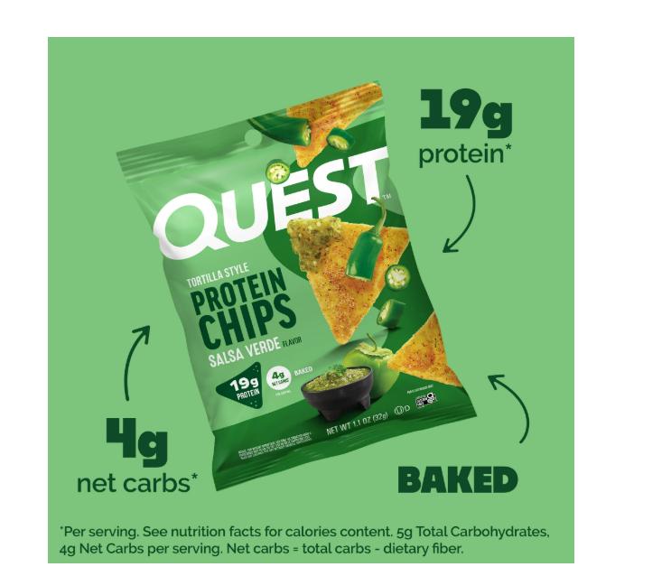 Quest Tortilla Style Protein Chips, Salsa Verde Flavored, Baked, 1.1oz, 4 Bags
