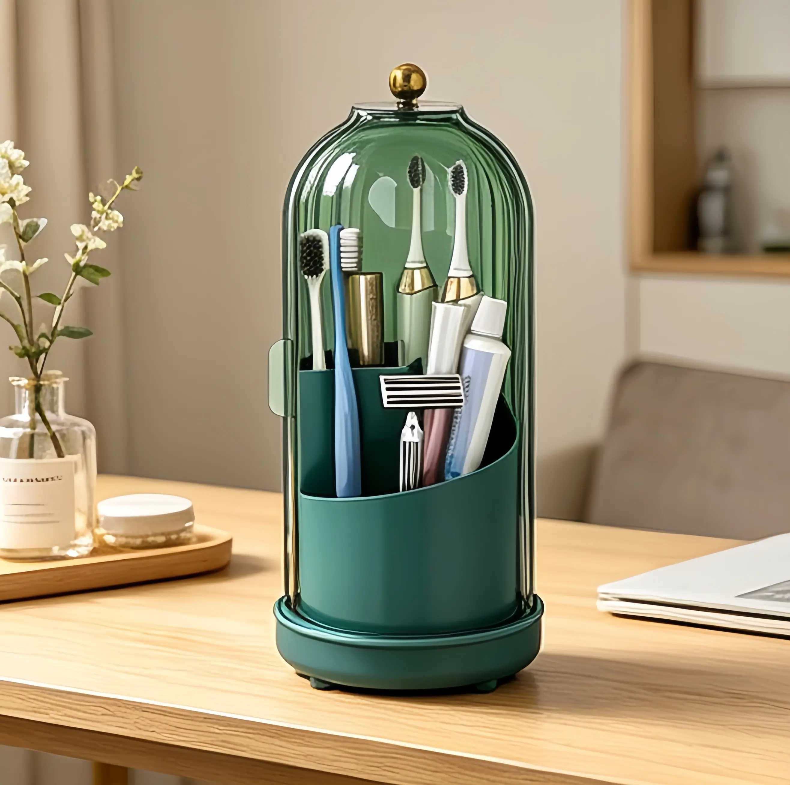 Emerald Green Dome Dust Cover Rotating Toothbrush Holder, Multi-Grid Bathroom Vanity Organizer for Electric Toothbrushes, Toothpaste & Razors, Waterproof Dustproof Countertop Toiletry Storage Caddy