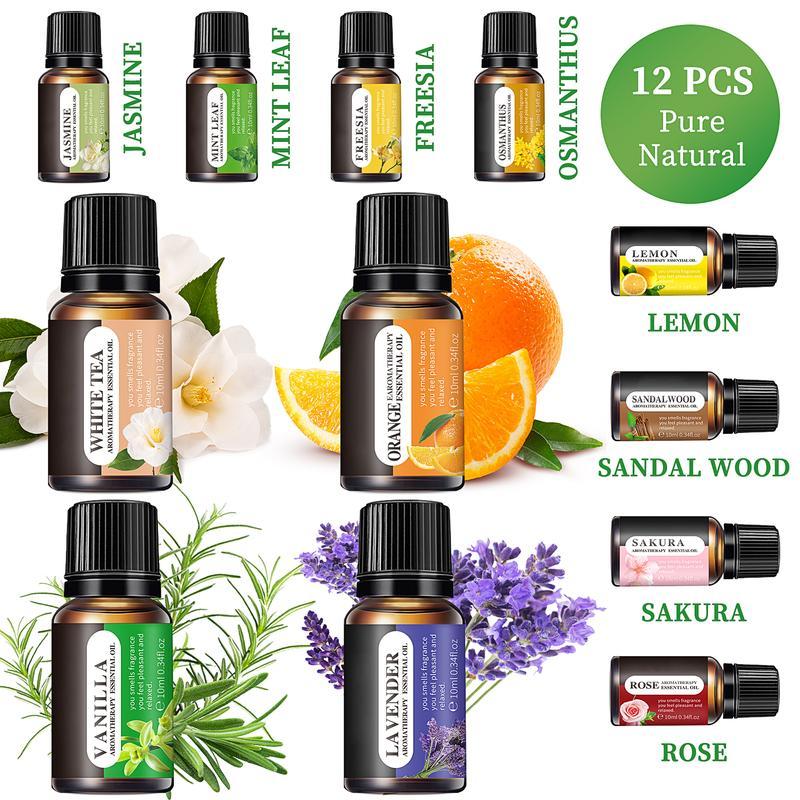 Essential Oils Set, 10 ML Bottles Set For Home Care, Fragrance, Humidifiers, Difusors & Aromatherapy Oils Set Gifts, Mint Leaf, White Tea, Lavender, Lemon, Orange, Osmanthus, Vanilla, Sakura, Rose, Freesia, Sandalwood, Jasmine