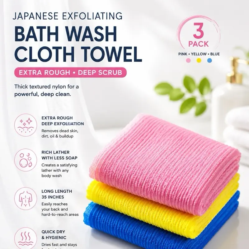 Nylon Japanese Beauty Skin Bath Wash Cloth Towel 3 Count Pink Yellow Blue Absorbent Rough Reusable Face Towel for Shower & Body Scrubbing