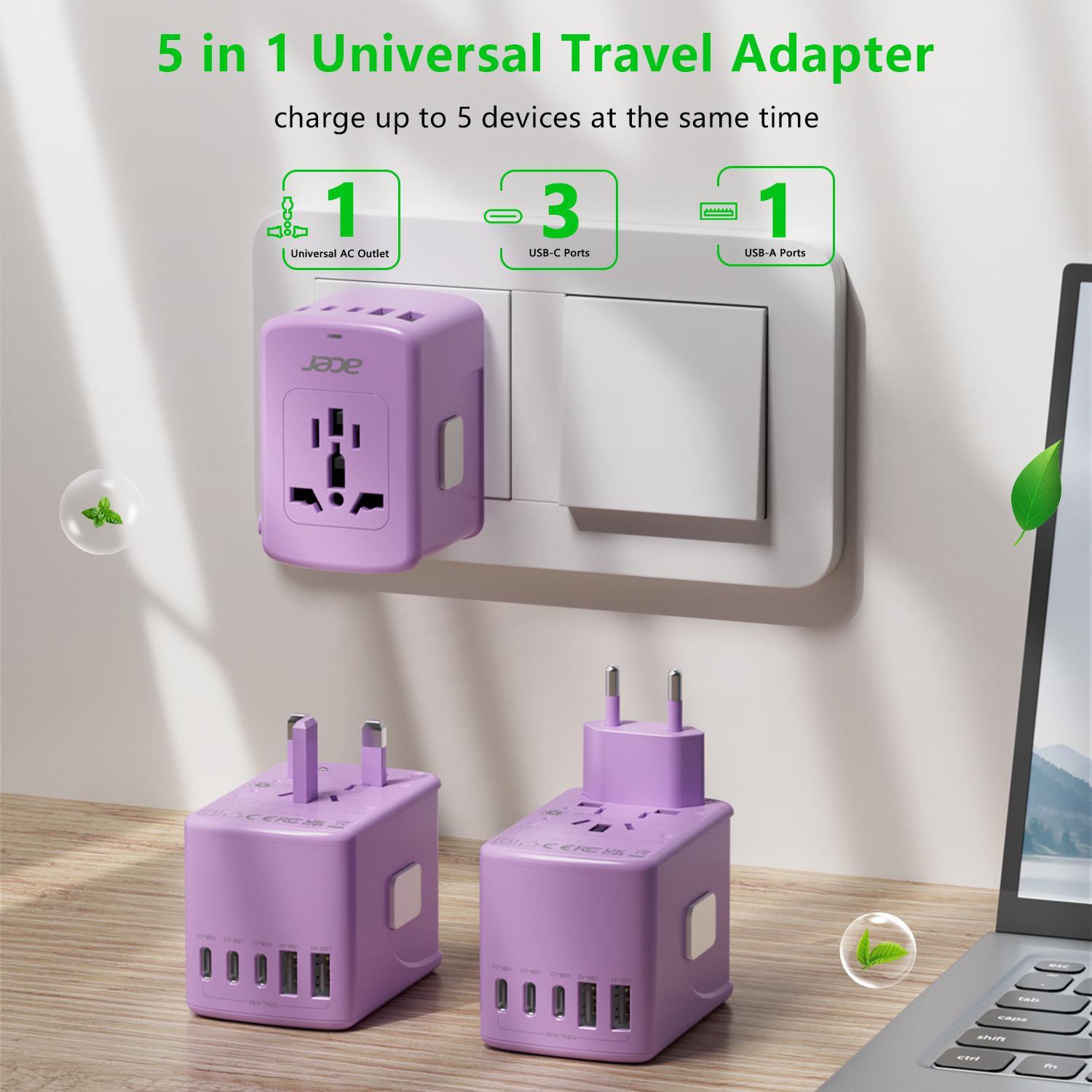 Acer Christmasparade Universal 12 in 1 Travel Adapter With 5 USB Ports (3 USB C), 100-250V Input & 29W Output, US/EU/UK/AU Plugs, International Power Adapter, Worldwide Outlet Charger For USA To European UK France Germany Spain, Black，Pink，Blue，Purple