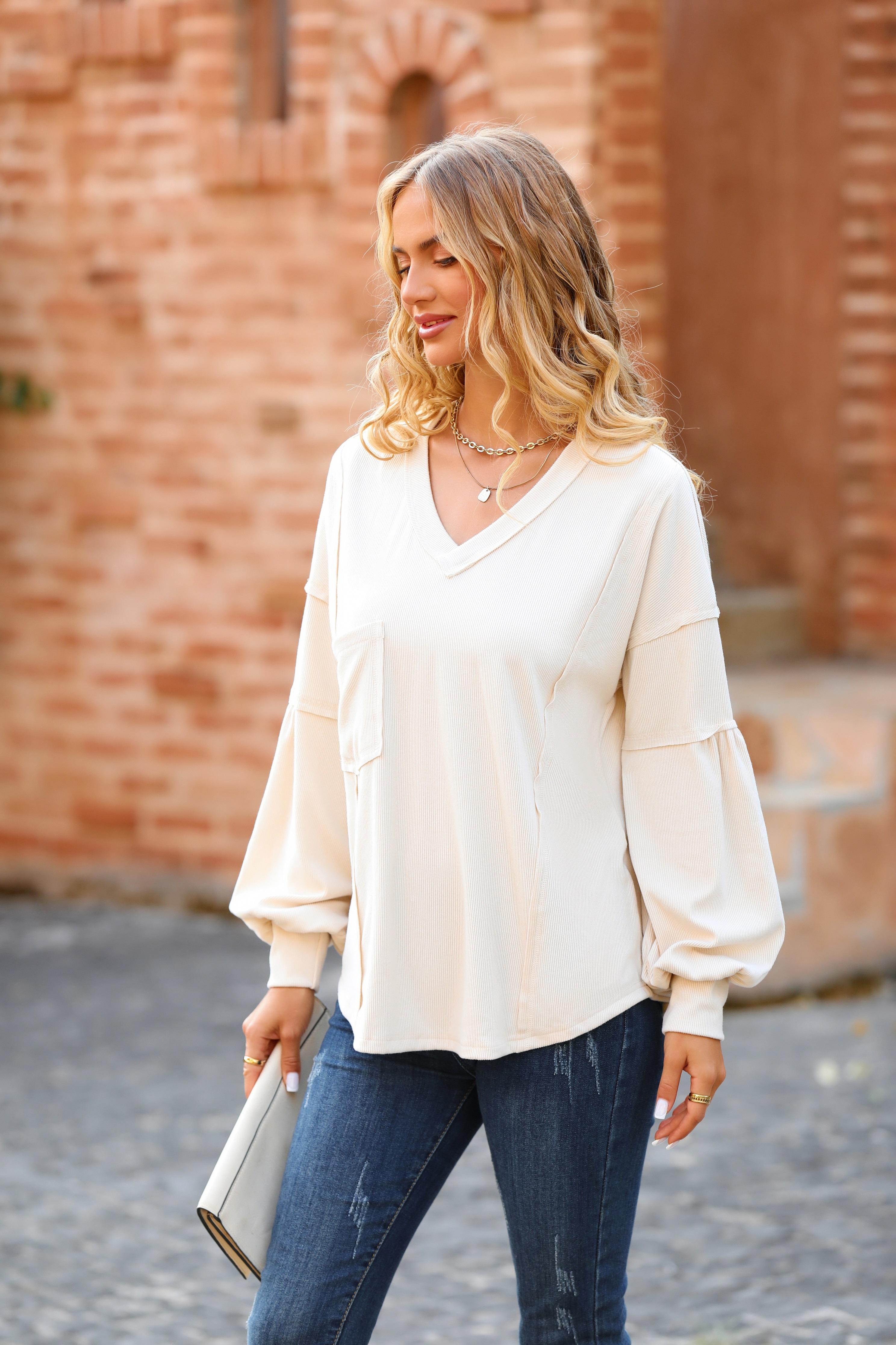 BTFBM Women's Casual Basic V-Neck Ribbed Knitted Shirts Pullover Tunic Tops Loose Balloon Sleeve Blouses Top