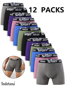12-piece Men's Solid Color / Letter Tape Stretchy Boxer Briefs, Casual Comfy Slim Fit Breathable Moisture Absorption Opening Crotch Underwear for Daily Wear, Mens Underwear for All Seasons, Undergarments, Athleisure Menswear, Underwear Boxer Briefs