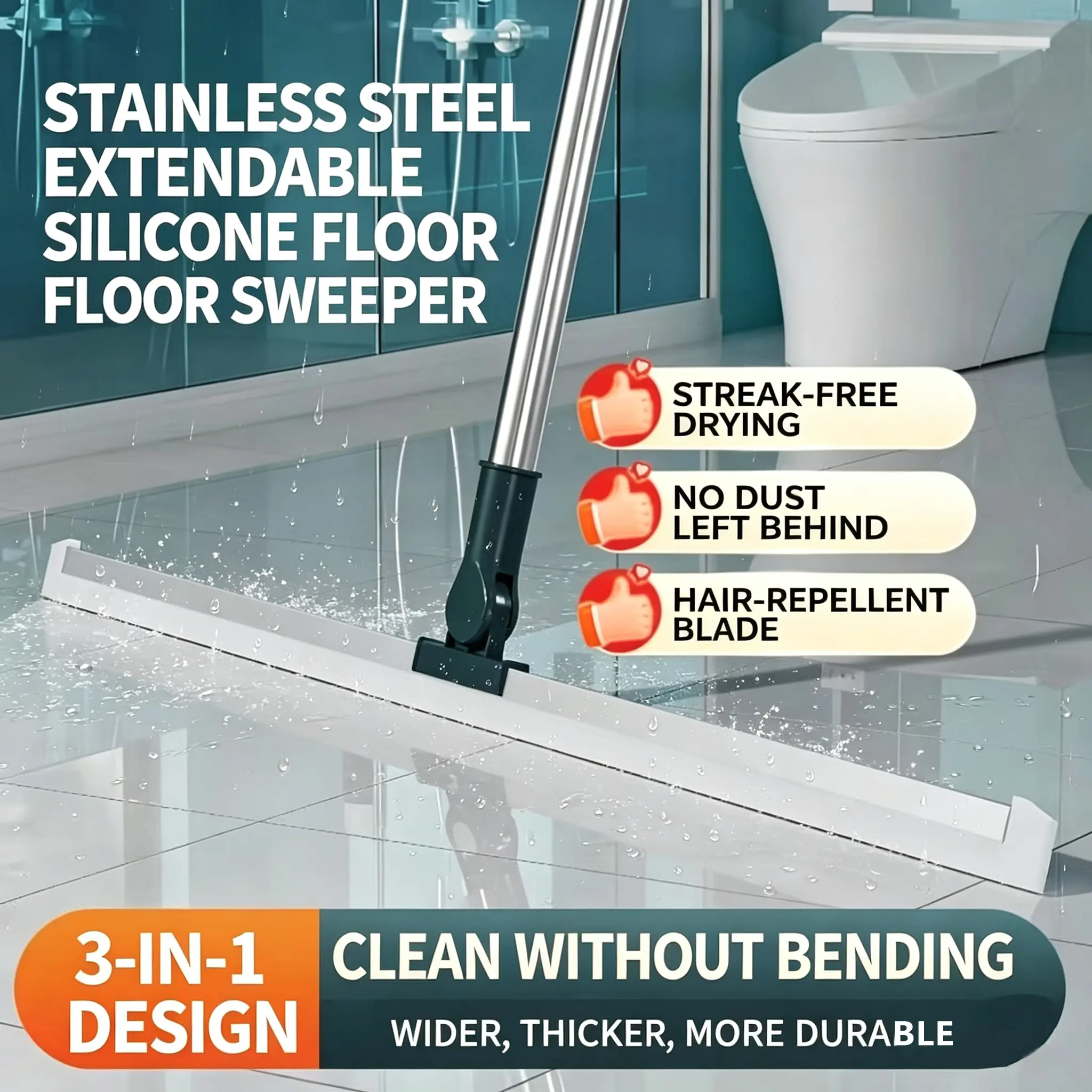Multifunction Magic Broom with Rubber Head - 180° Rotate Silicone Scraper, Retractable Metal Handle, Broom+Squeegee for Floor Cleaning, Duster Removal Tool