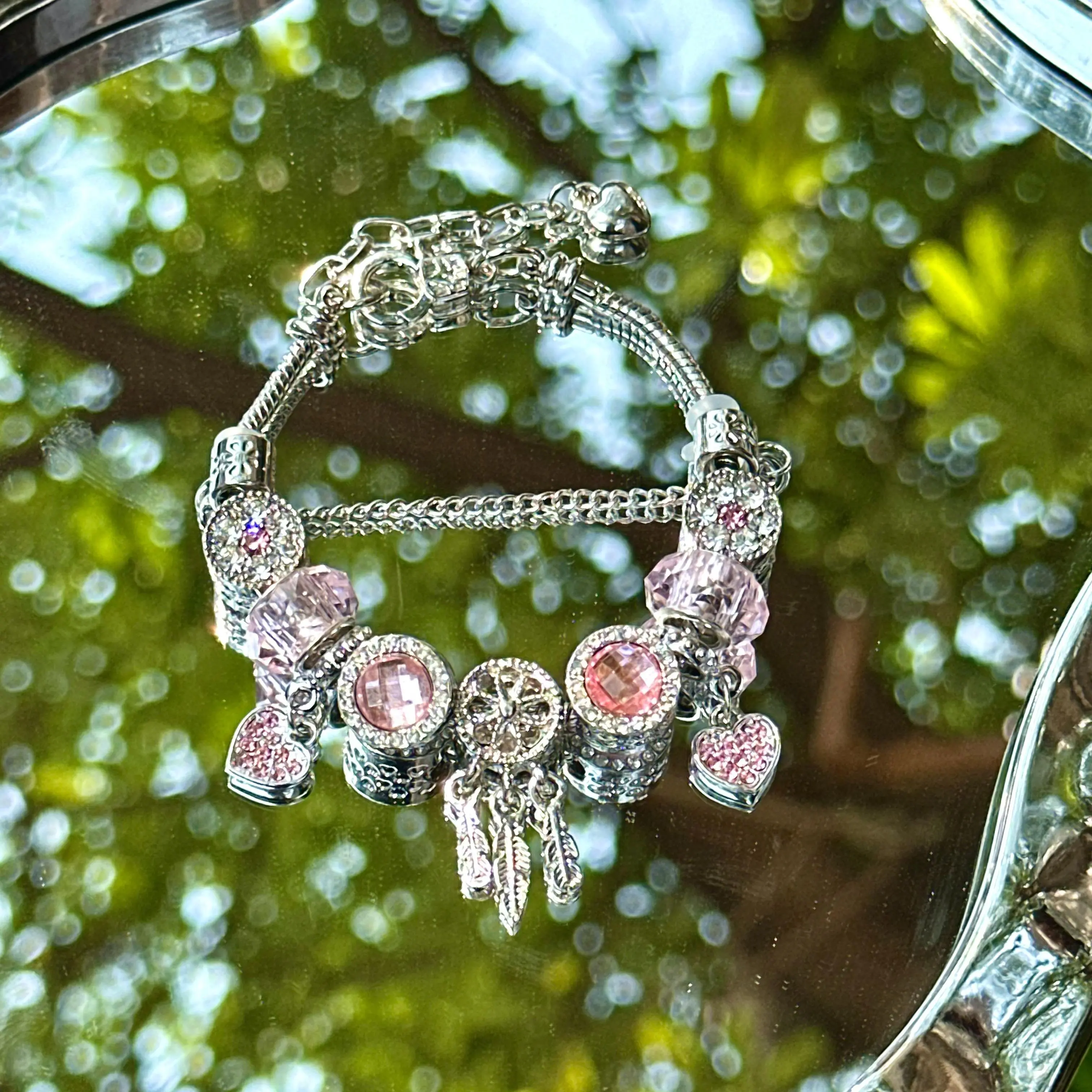 Buy 1 Get 1！Silver plated adjustable dreamcatcher charm bracelet large hole chain crystal heart pendant bracelet for women trendy pink bracelets style bracelet summer fashionable boho alloy,Birthday gift,charm bracelets,beautiful jewelry