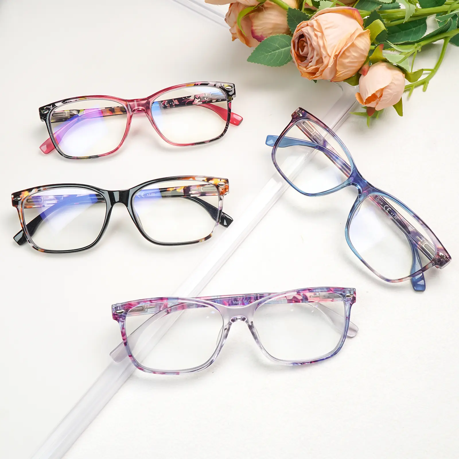 Women's 4-Pack Square Plastic Frame Bluelight Blocking Reading Eyeglasses - Durable Progressive Multifocal Multi-Power Lenses, Spring Hinges, 3-Level Adjustable Vision Zones, Built-In Nose Pads, Ideal for Computer Work, Great Gift Option for Family
