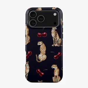 Wild Cougar Leopard Phone Case – Deep Navy with Cherry Red, Y2K Animal Print – fits Phone 17, 17 Air, 17 Promax