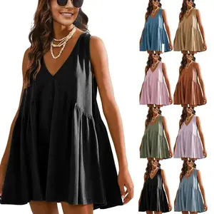 Women's sleeveless mini dress V-neck casual loose fit with side pockets made of comfortable elastic material, suitable for day or night activities, showcasing minimalist style