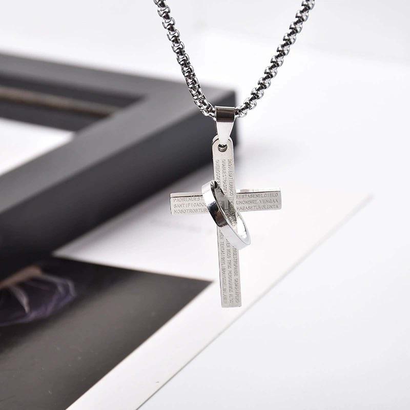 KISSFOO Stainless Steel Scripture Ring Cross Necklace Personalized Accessories Gift for Men and Women