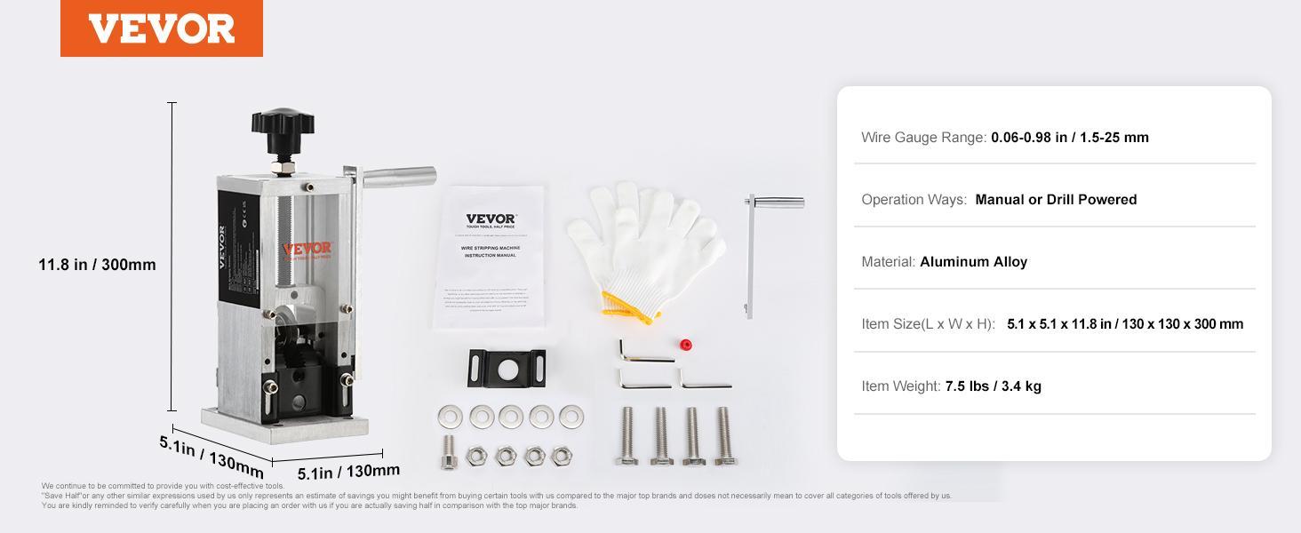 VEVOR Wire Stripping Machine,Wire Stripper with Hand Crank or Drill Powered,0.06''-0.98'' Copper Wire Stripper,Visible Stripping Depth Reference,Portable Aluminum Frame Wire Peeler