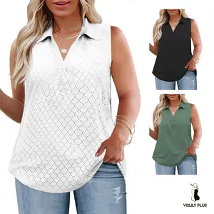 Women’s Plus Size Tank Tops Summer Sleeveless Lapel V-Neck Dressy Eyelet Tunics Chic Polo Shirts Hot Weather curved hem Womenswear XL–5XL RPS2097