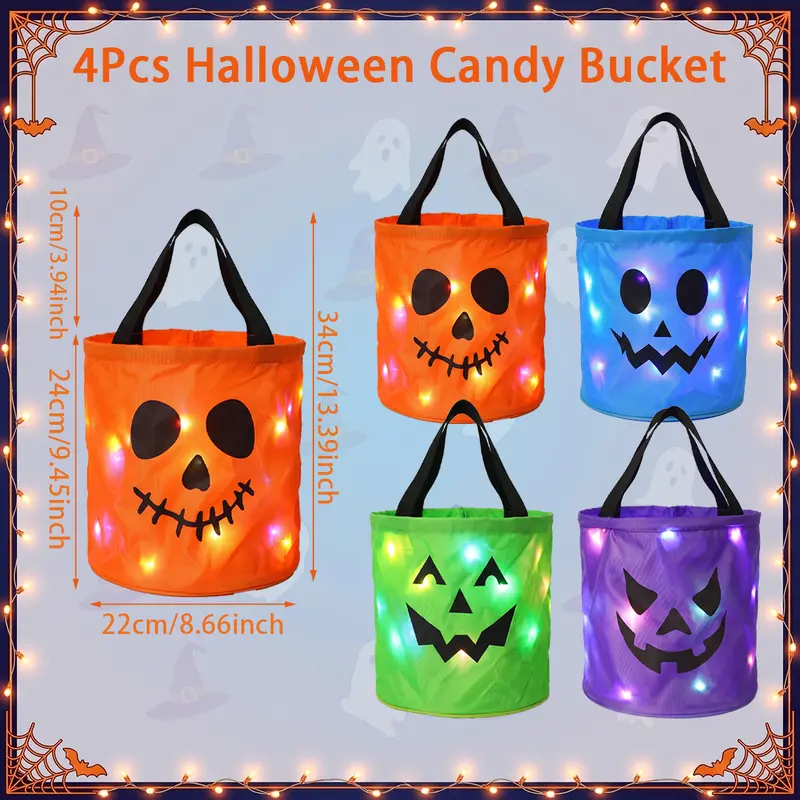 3/4 Pcs Halloween Candy Bucket with LED Lights, 13.39x8.66 Inch Trick or Treat Bags Non Woven Gift Bags Pumpkin Candy Bags Reusable Tote Bags for Kids Students Adults, Night Light Bags for Garden Lawn Decorations, Halloween Christmas Party Favor Supplies 3/4 Pcs Halloween Candy Bucket with LED Lights, 13.39x8.66 Inch Trick or Treat Bags Non Woven Gift Bags Pumpkin Candy Bags Reusable Tote Bags for Kids Students Adults, Night Light Bags for Garden Lawn Decorations, Halloween Christmas Party Favor Supplies