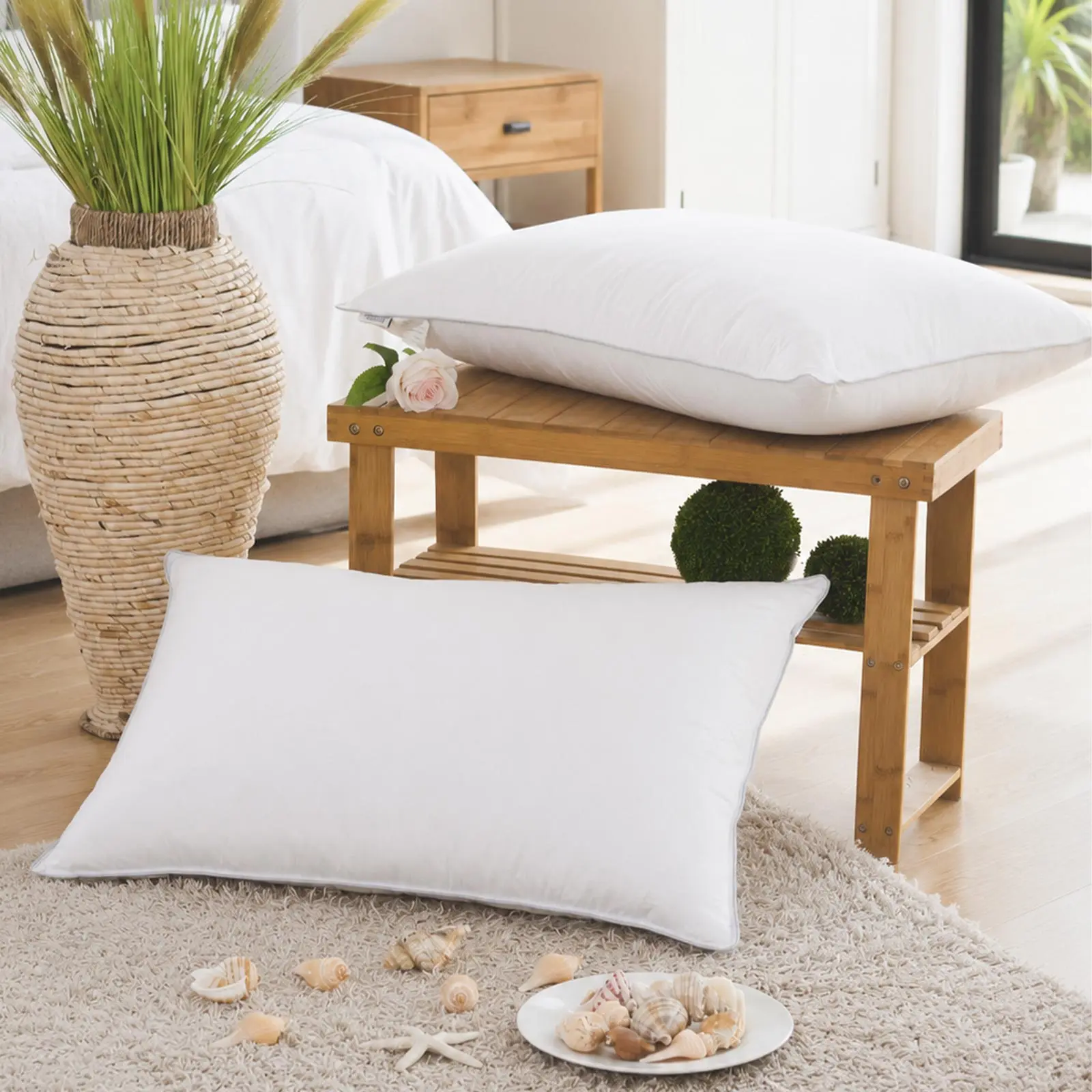 2-Pack Cooling Bedding Goose Down Pillows for Sleeping - 50% Goose Feather Down, 50% 3D Pearl Cotton Fill, Back Sleeper Support, Silky Smooth, Breathable, Machine Wash, Fluff in Sunlight Bed Pillows