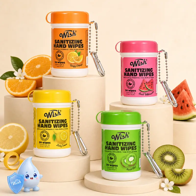 Wish Portable Sanitizing Hand Wipes, 4-Scent Fruity Fresh Variety Pack, Travel-Size 4-Pack (20ct Each), Disinfecting Wipes Bulk, Disposable Wipes