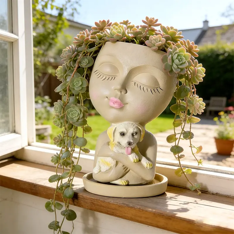 Resin Flower Pot, Succulent Pot, Pot for plants, Face Planter Pots with Dog, Flower Vase with Drainage Hole, for Home Garden Decor, Garden Planters, Mother's Day/Women Gifts