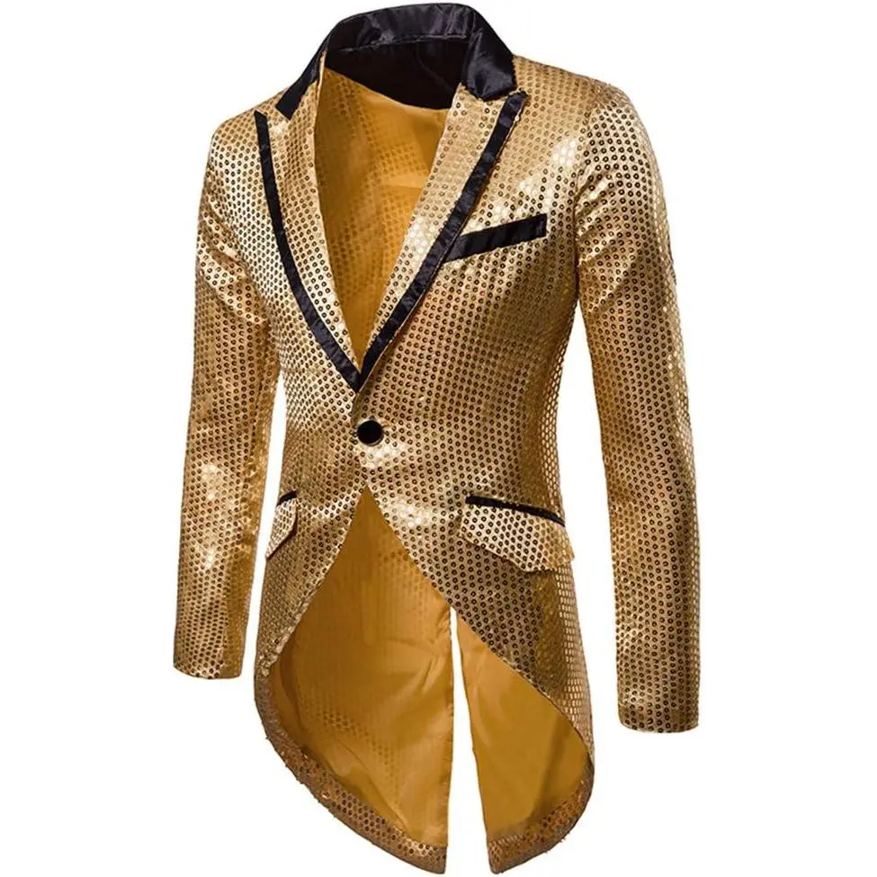 Men's Sequin Fabric Slim-Fit Peaked Lapel Swallowtail Tailcoat with Lettuce Trim & Durable Seams - Athletic-Inspired Formal Tuxedo Jacket for Party Shows, Dry Clean Recommended, Sport