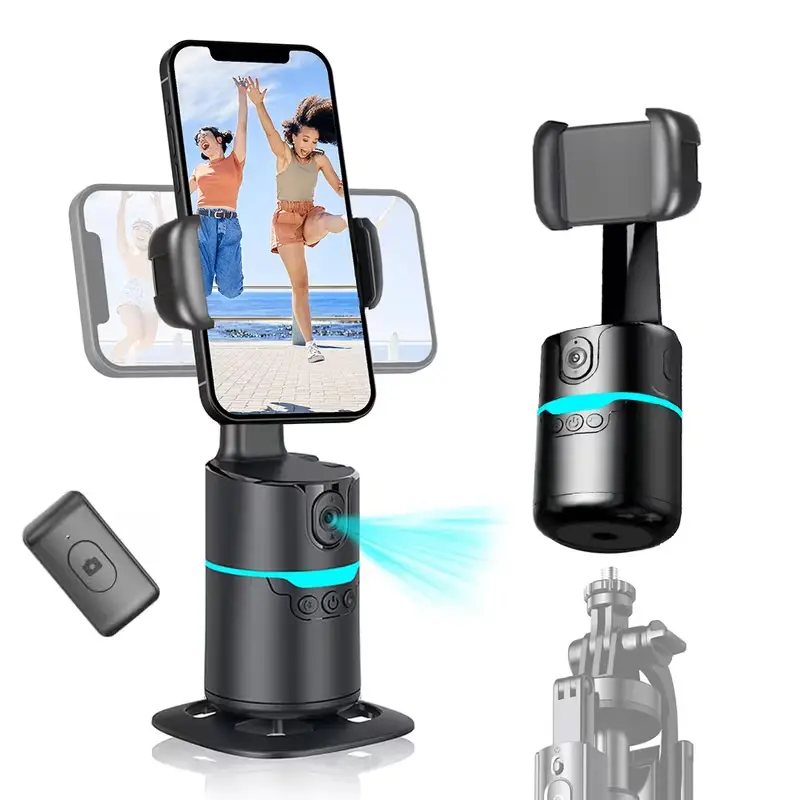 AI Auto Face Tracking Tripod - Desktop Phone Holder with No App Required, Detachable Remote Control, 360° Rotation, 1-Touch Video/Photo Activation, Compatible with iPhone 17/16/15/14/13 & Android Phones for Live Streaming, Adjustable, Wireless, Recording,