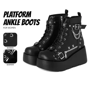 Womens Ankle Boots Round Toe Lace Up Chunky Platform Wedge Heel Side Zipper Chain Buckle Cross Studs Comfy Goth Punk Party Cosplay Nightclub Casual Riding Combat Motorcycle Biker Boot