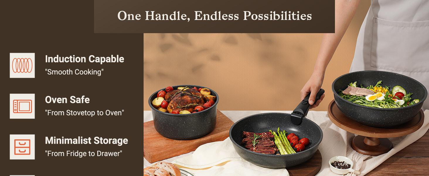 [NEW]15pcs Pots and Pans Set Non Stick, Cookware Sets with Detachable Handle, Nonstick RV Kitchen Cooking Set Removable Handles, Oven Safe,Stackable, Frying