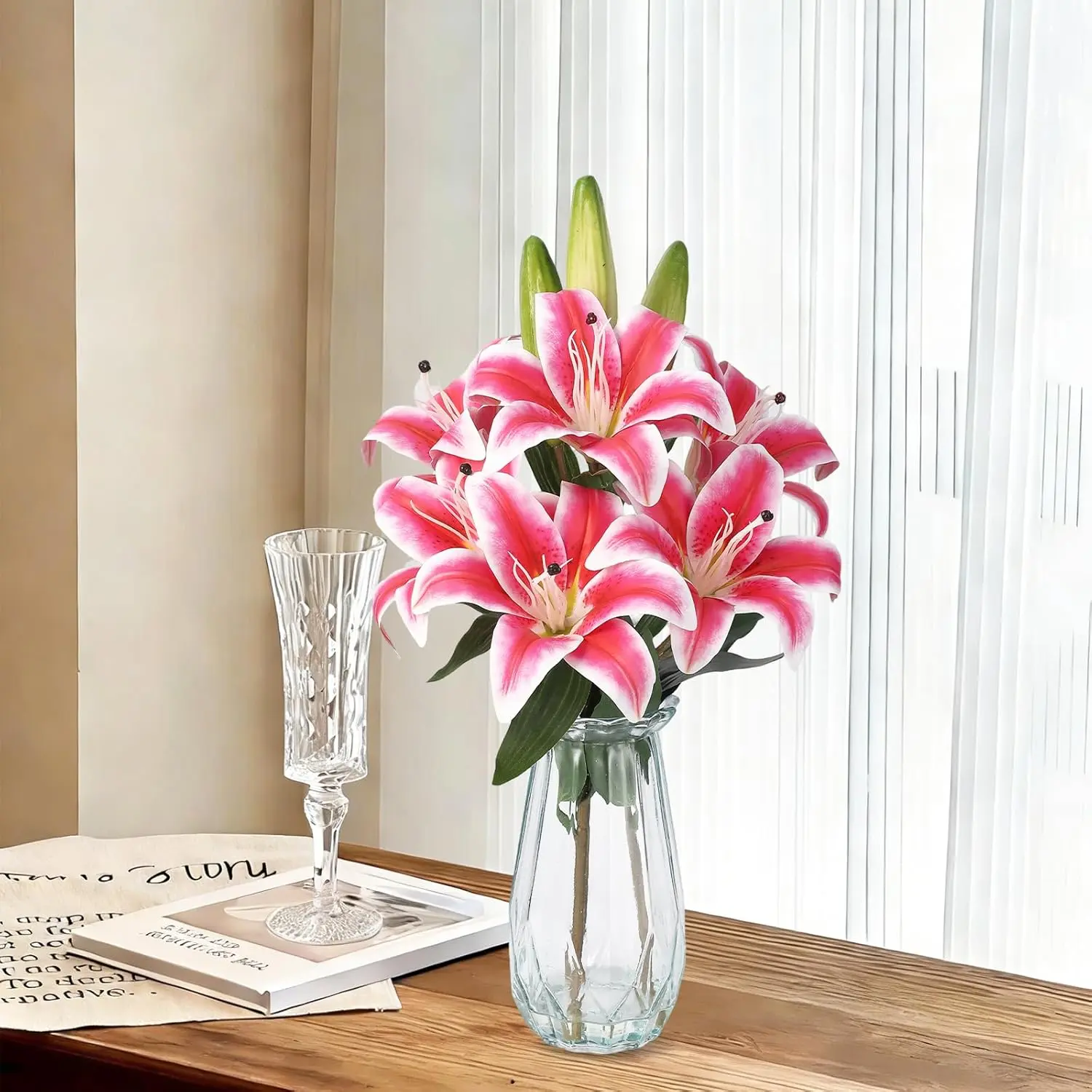Artificial Tiger Lily Flowers with Vase,Real Touch Easter Lily Faux Flowers for Home Table Centerpieces Wedding Baby Shower Birthday Party Decoration,UV Resistant,3 Stems with 6 Flowers