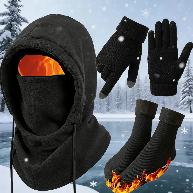 Unisex Adults' 4-Pc Plain Winter Warm Outdoor Wear Set - Windproof Full Face Ski Mask Balaclava, Hooded Jacket, Gloves, Thermal Socks, Biking/Ski Extreme Cold Gear, Hand Washable Ideal Gift