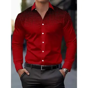 Men's casual long sleeved button up shirt - gradient blue to gray print, polyester fiber, machine washable, classic collar, comfortable in spring and autumn