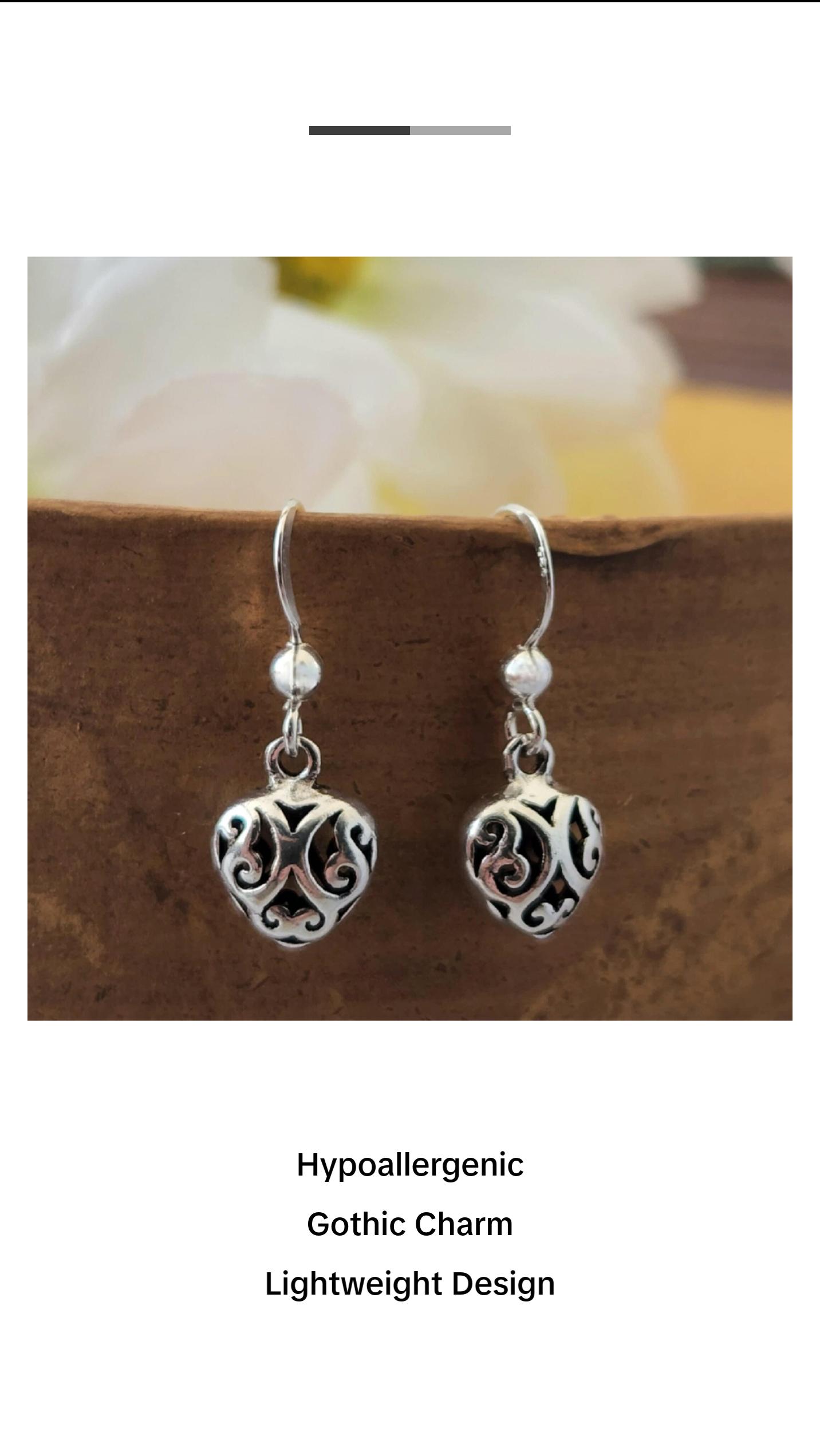 Whimsy Gothic Sterling Silver Filigree Heart Earrings | Cottagecore Jewelry Victorian Dangles
