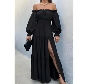 Fated Finds Summer Casual Dress, Women's 2025 Boho Sexy Off Shoulder Long Sleeve Smocked High Waist Side Split Flowy A-Line Tiered Maxi Dress, Elegant Backless – Please Check Size Chart, Runs Small (Size Up Recommended)