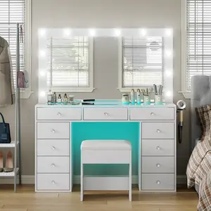 White Vanity Desk with Illuminated Mirror & Power Outlet 11 Drawers Makeup Vanity with 12 LED Lights Tempered Glass Top Dressing Table for Bedroom Dressing Room