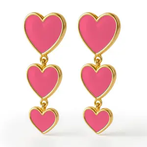 Gold Triple Heart Clip On Dangling Earrings