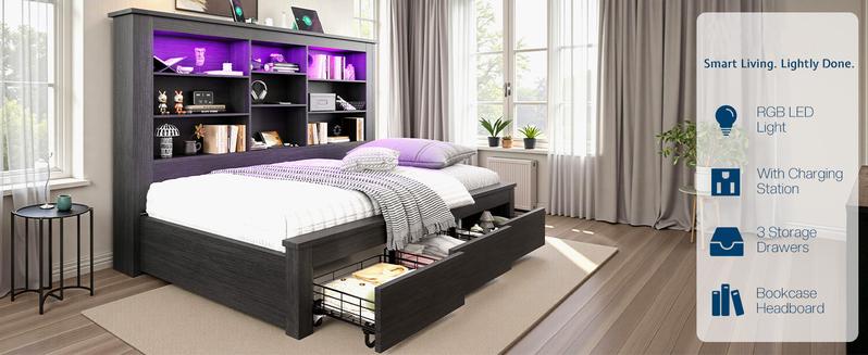 AMERLIFE Twin Daybed with Bookcase Headboard, USB-C Charging, RGB Lights & 3 Drawers, No Box Spring Needed, Farmhouse Wood Bed Frame for Teens, Dorms, Guest Room, Black/Best Gift Ideas/Christmas Gifts