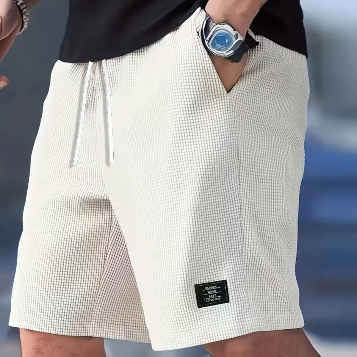 Men's Textured Casual Shorts - Chic, Fitted, Drawstring Waist, Loose Athletic Mid-Length, Summervibes Trendy Menswear for Everyday Wear, Beach Activities, Tropical Style, Men's Shorts