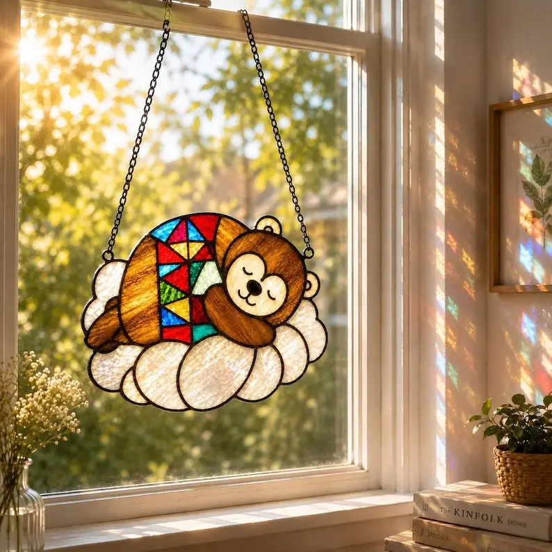 Sleeping Bear Stained Glass Suncatcher, Baby Bear Window Hanging, Nursery Decor, Handmade Glass Ornament, Baby Shower Gift
