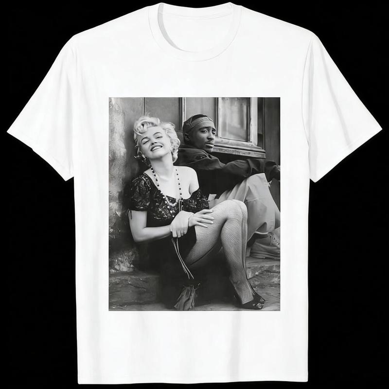 Marilyn Monroe And 2Pac Cotton Unisex T Shirt Streetwear Top Black Casual Menswear