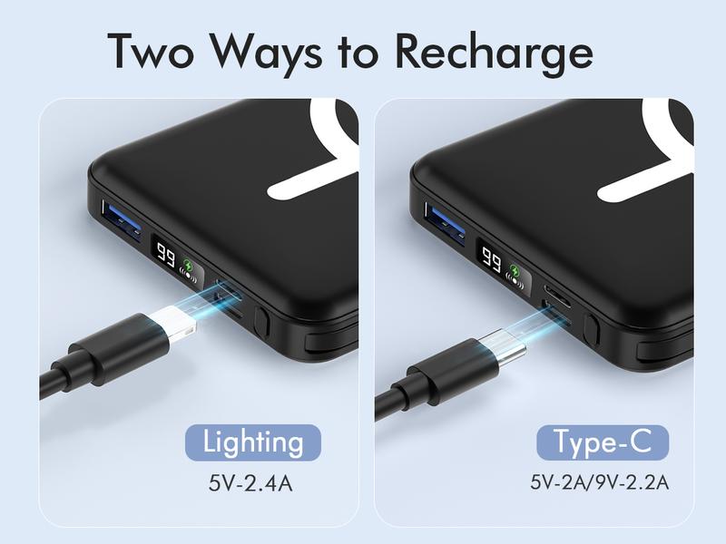 Podoru for MagSafe Battery Pack, 10000mAh Power Bank Built-in USB-C Cables Wireless Magnetic Portable Charger for iphone 15 and above model