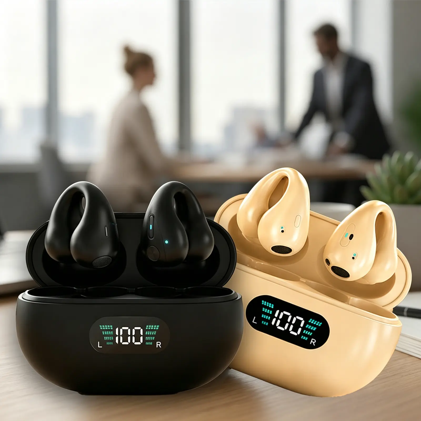 Ear-clip bone conduction headphones, Bluetooth open ear-hook wireless headphones, equipped with LED power display function, comfortable and painless to wear, sweat-proof sports headphones, suitable for running, cycling and fitness