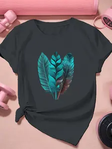Women's Plus Size Casual T-Shirt with Turquoise Print - Short Sleeve, Round Neck, Polyester, Machine Washable