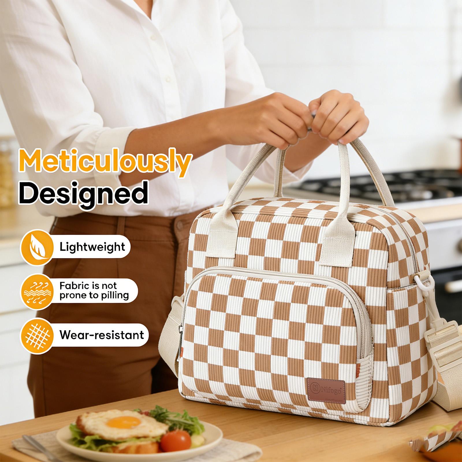 Lunch Box for Women Insulated Lunch Bag Cute Corduroy Lunch Tote Bags Lightweight Reusable Leakproof Cooler Bag with Adjustable Shoulder Strap for Work Office Travel Picnic (Checkered)