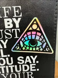 Black Leather Wallet with Eye Iridescent Sticker and Rainbow Holographic Design