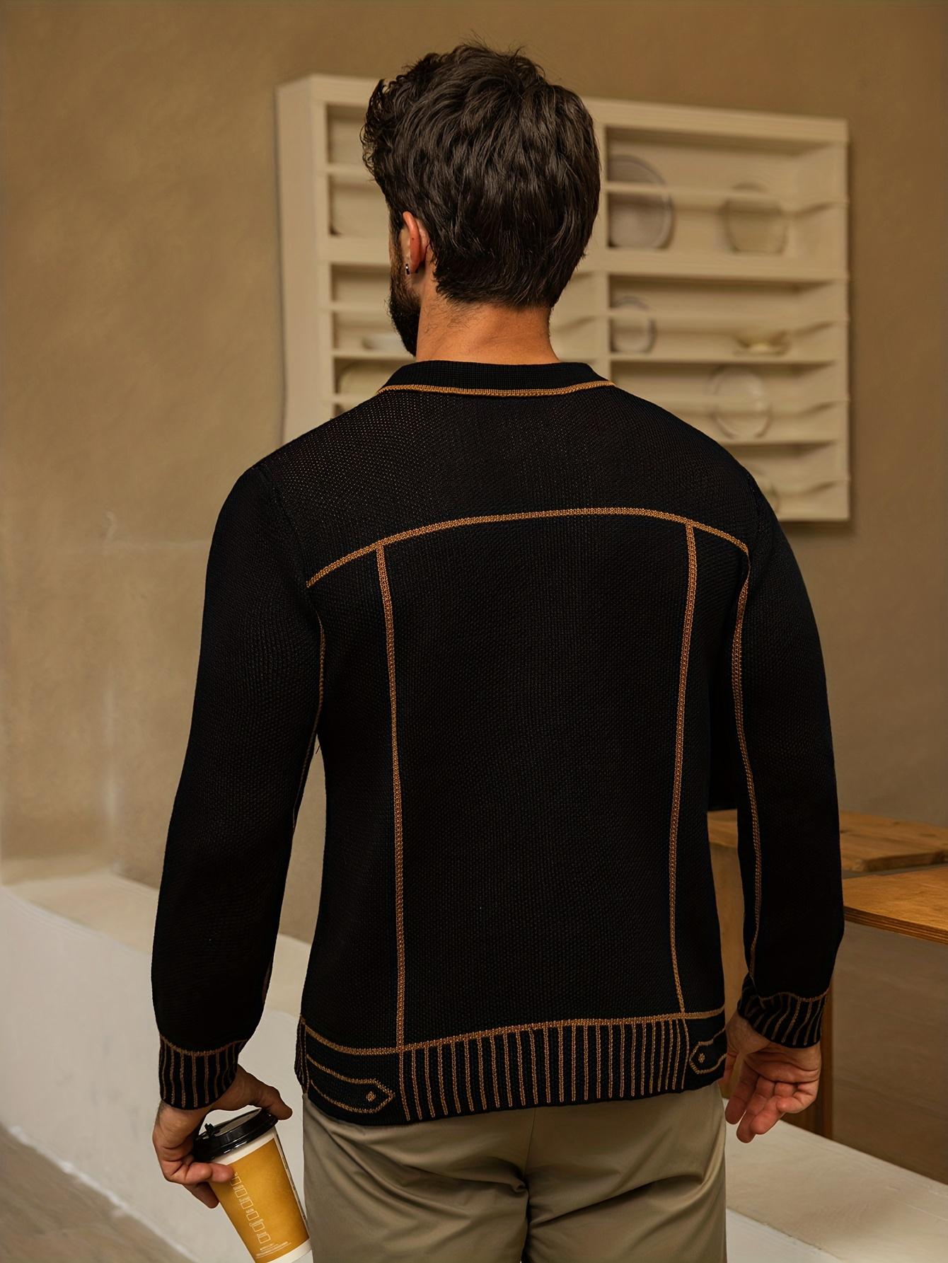 Trendy Men's Cardigan Classic Orange Stripe Jacket-Style Knitwear High Stretch Polyester Long Sleeve Casual Spring Fall Menswear - Fabric Trendy Men's Cardigan Classic Orange Stripe Jacket-Style Knitwear High Stretch Polyester Long Sleeve Casual Spring Fall Menswear - Fabric